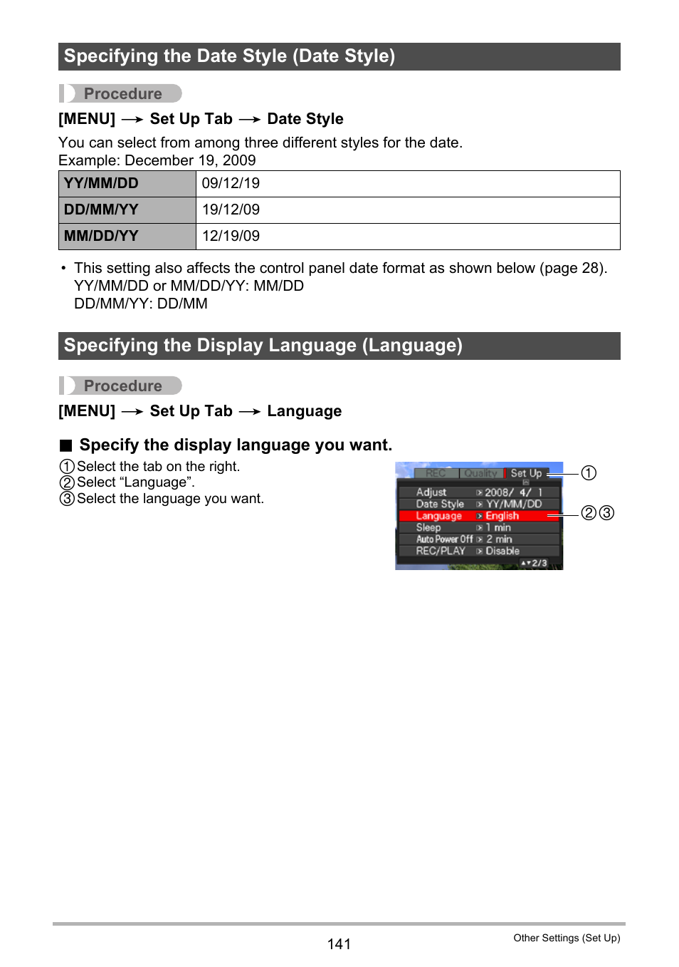 Specifying the date style (date style), Specifying the display language (language), E 141) | Casio EXILIM EX-F1 User Manual | Page 141 / 185