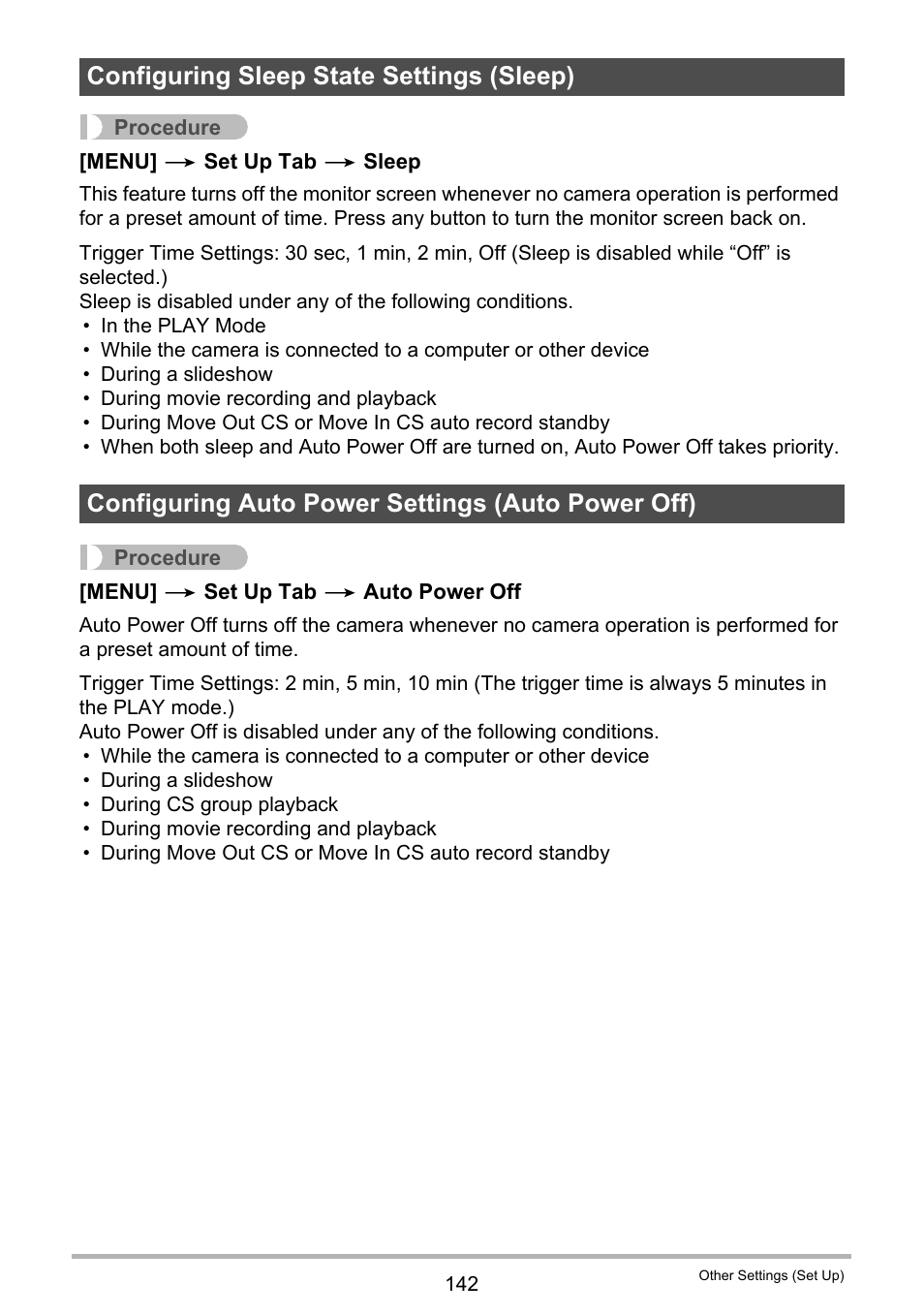 Configuring sleep state settings (sleep), Configuring auto power settings (auto power off) | Casio EXILIM EX-F1 User Manual | Page 142 / 185