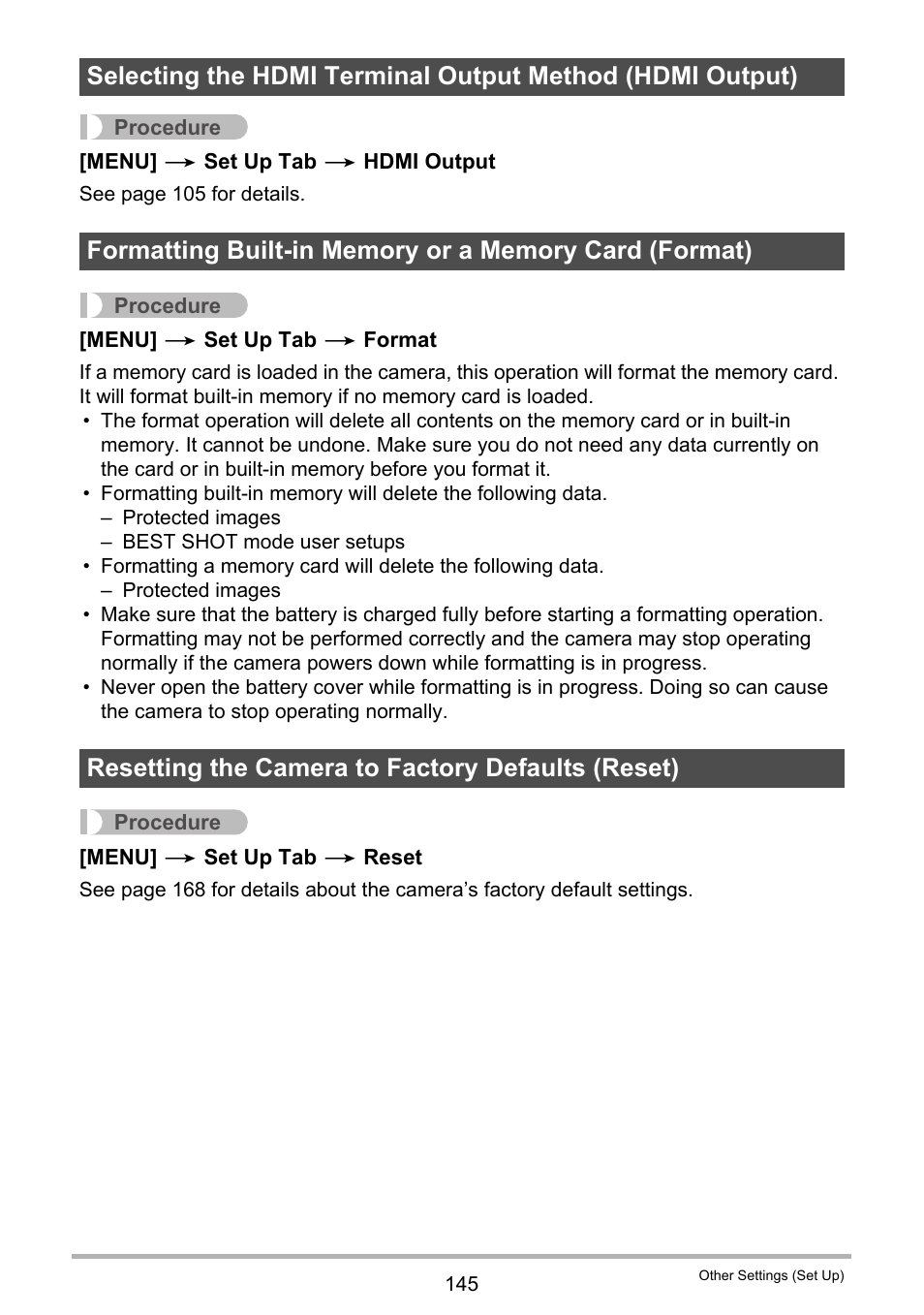 Resetting the camera to factory defaults (reset) | Casio EXILIM EX-F1 User Manual | Page 145 / 185