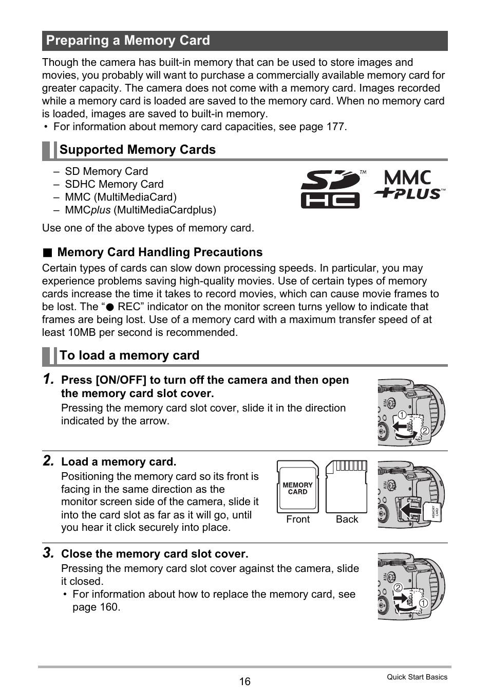 Preparing a memory card, Supported memory cards, To load a memory card | Casio EXILIM EX-F1 User Manual | Page 16 / 185