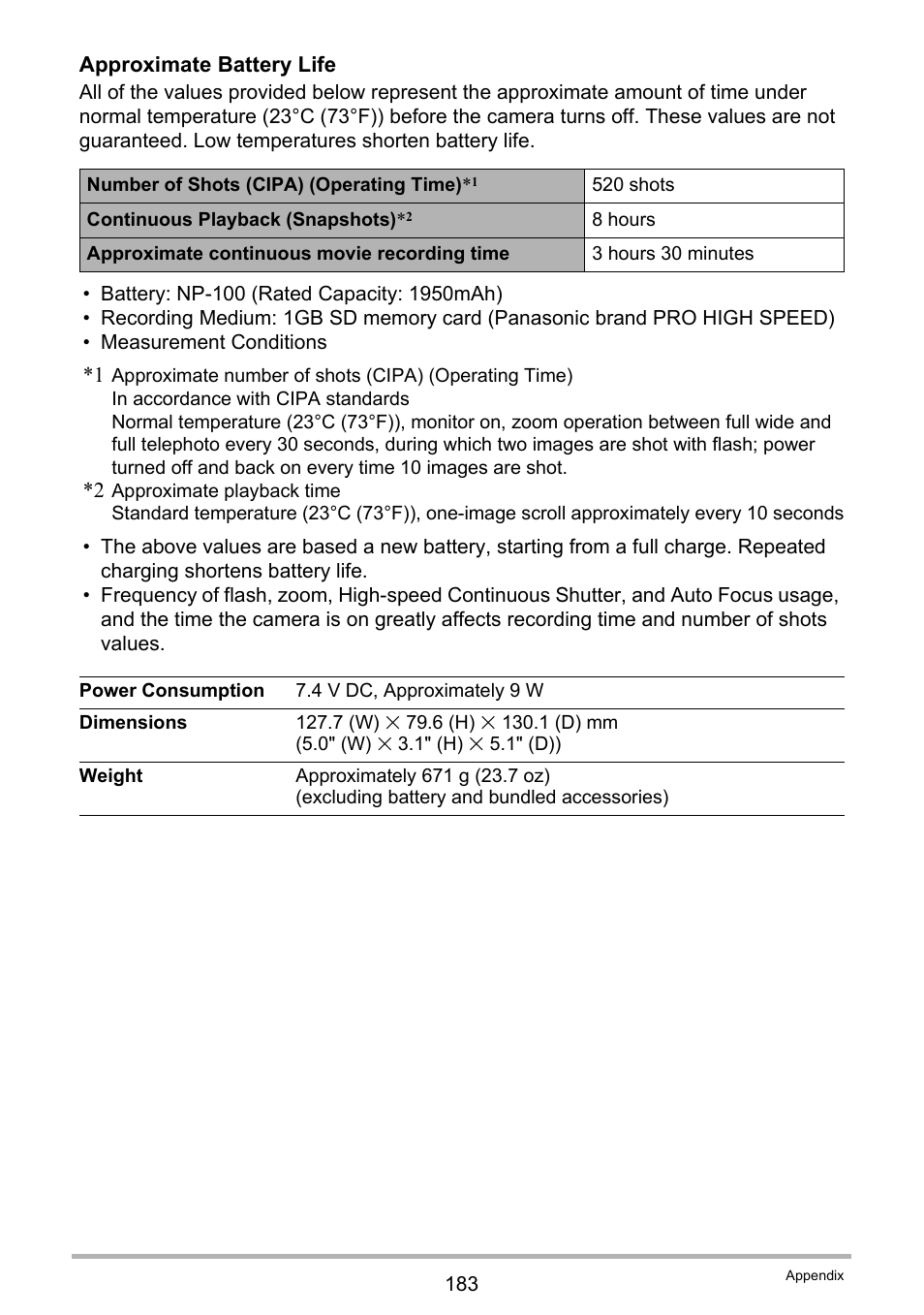 Approximate battery life | Casio EXILIM EX-F1 User Manual | Page 183 / 185