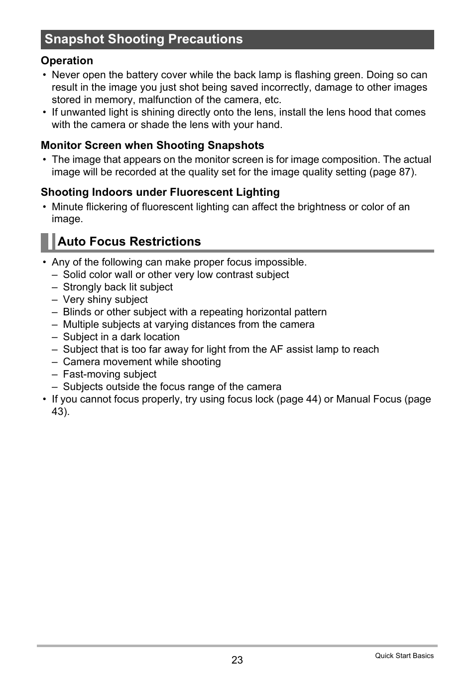 Snapshot shooting precautions, Auto focus restrictions | Casio EXILIM EX-F1 User Manual | Page 23 / 185