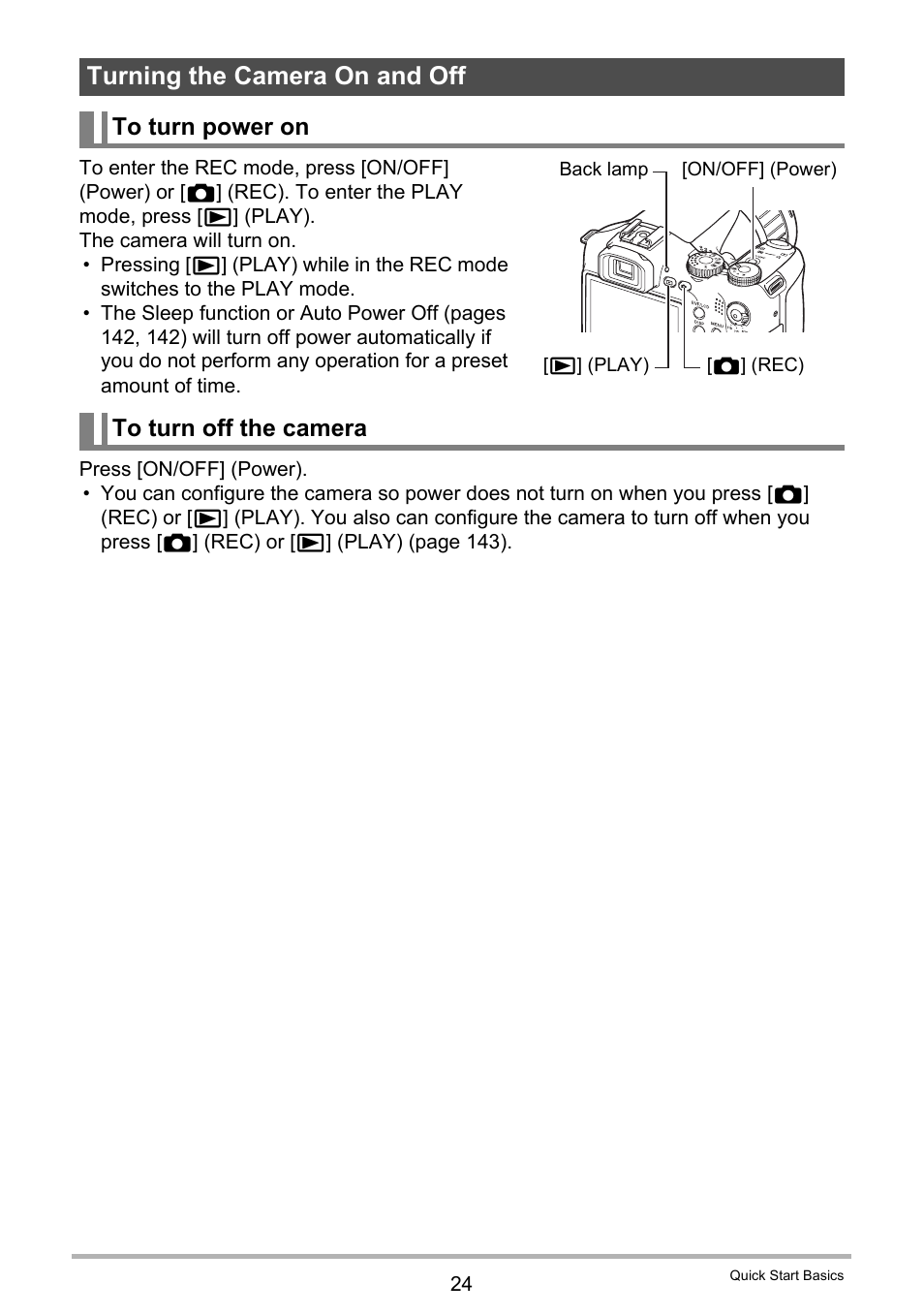 Turning the camera on and off, To turn power on, To turn off the camera | Casio EXILIM EX-F1 User Manual | Page 24 / 185