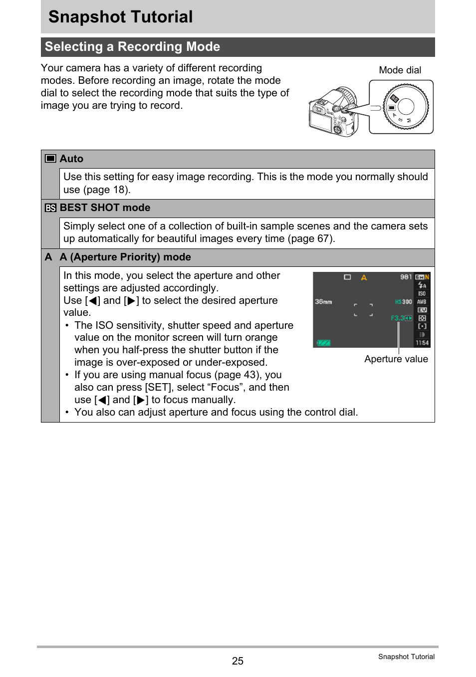 Snapshot tutorial, Selecting a recording mode | Casio EXILIM EX-F1 User Manual | Page 25 / 185