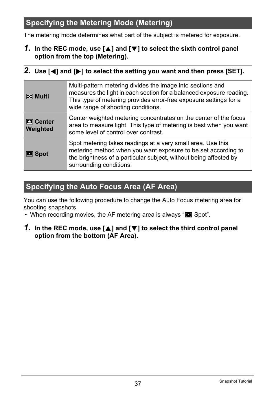 Specifying the metering mode (metering), Specifying the auto focus area (af area) | Casio EXILIM EX-F1 User Manual | Page 37 / 185