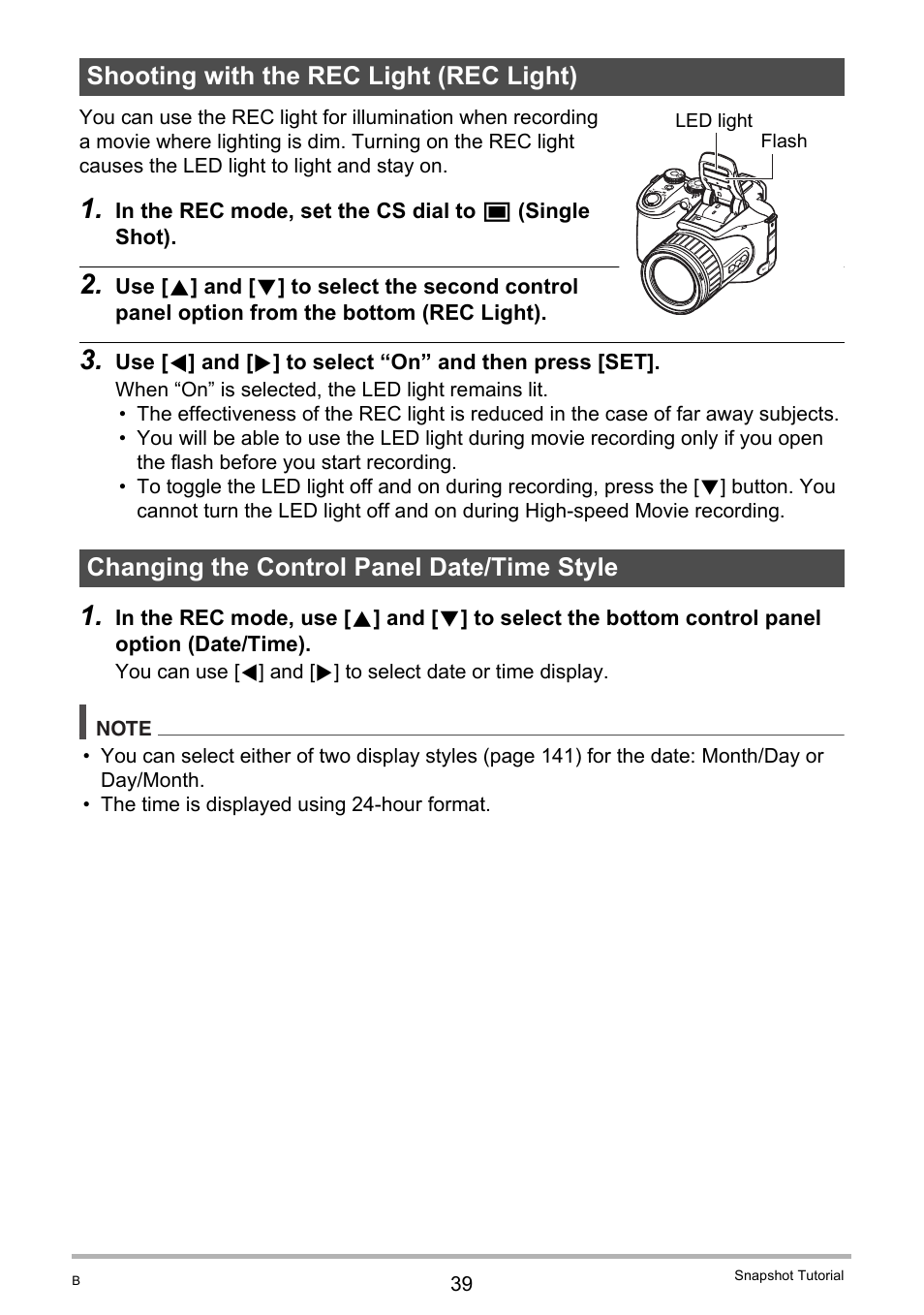 Shooting with the rec light (rec light), Changing the control panel date/time style, Ge 39) | Casio EXILIM EX-F1 User Manual | Page 39 / 185