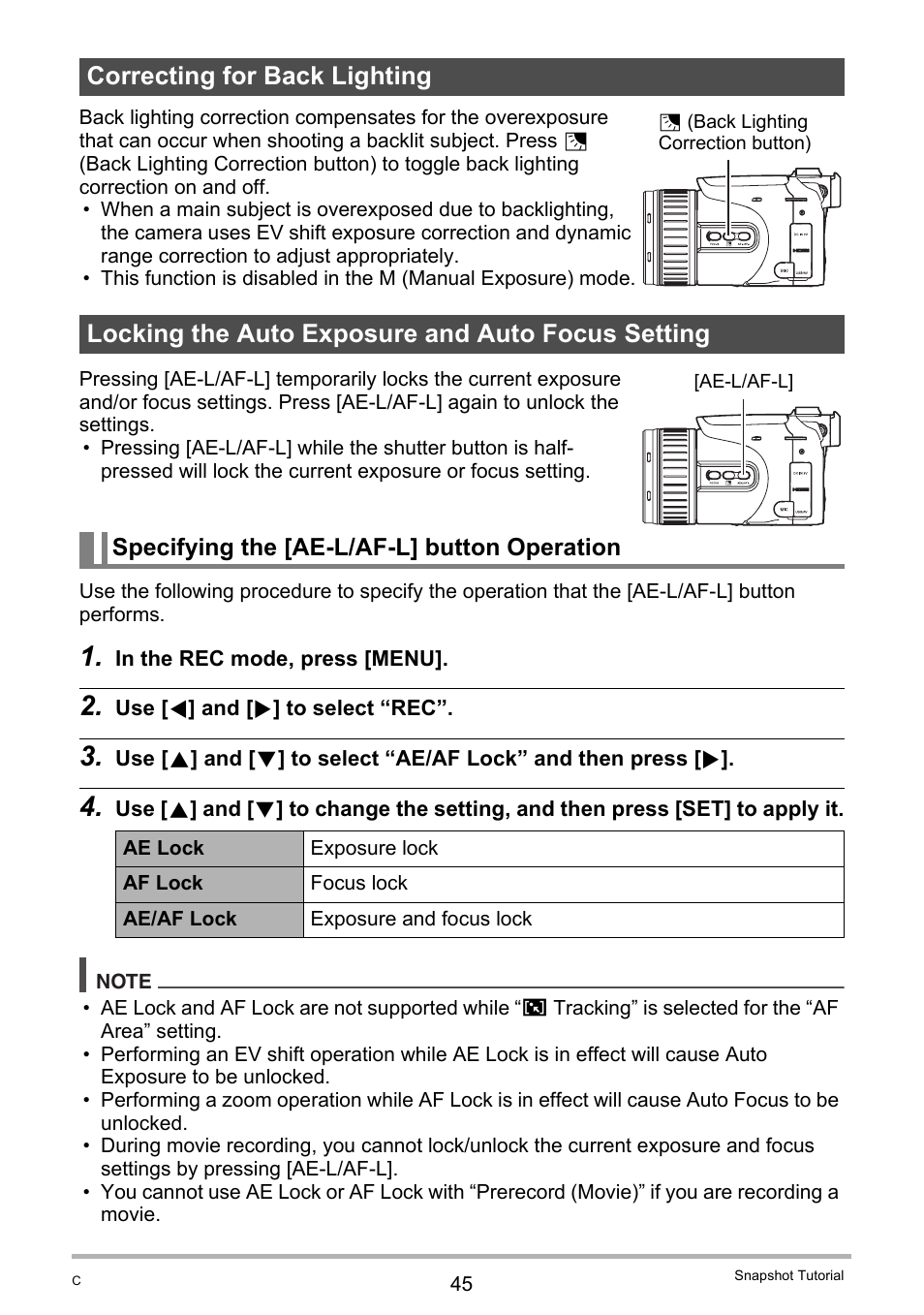 Correcting for back lighting, Locking the auto exposure and auto focus setting, Specifying the [ae-l/af-l] button operation | Casio EXILIM EX-F1 User Manual | Page 45 / 185