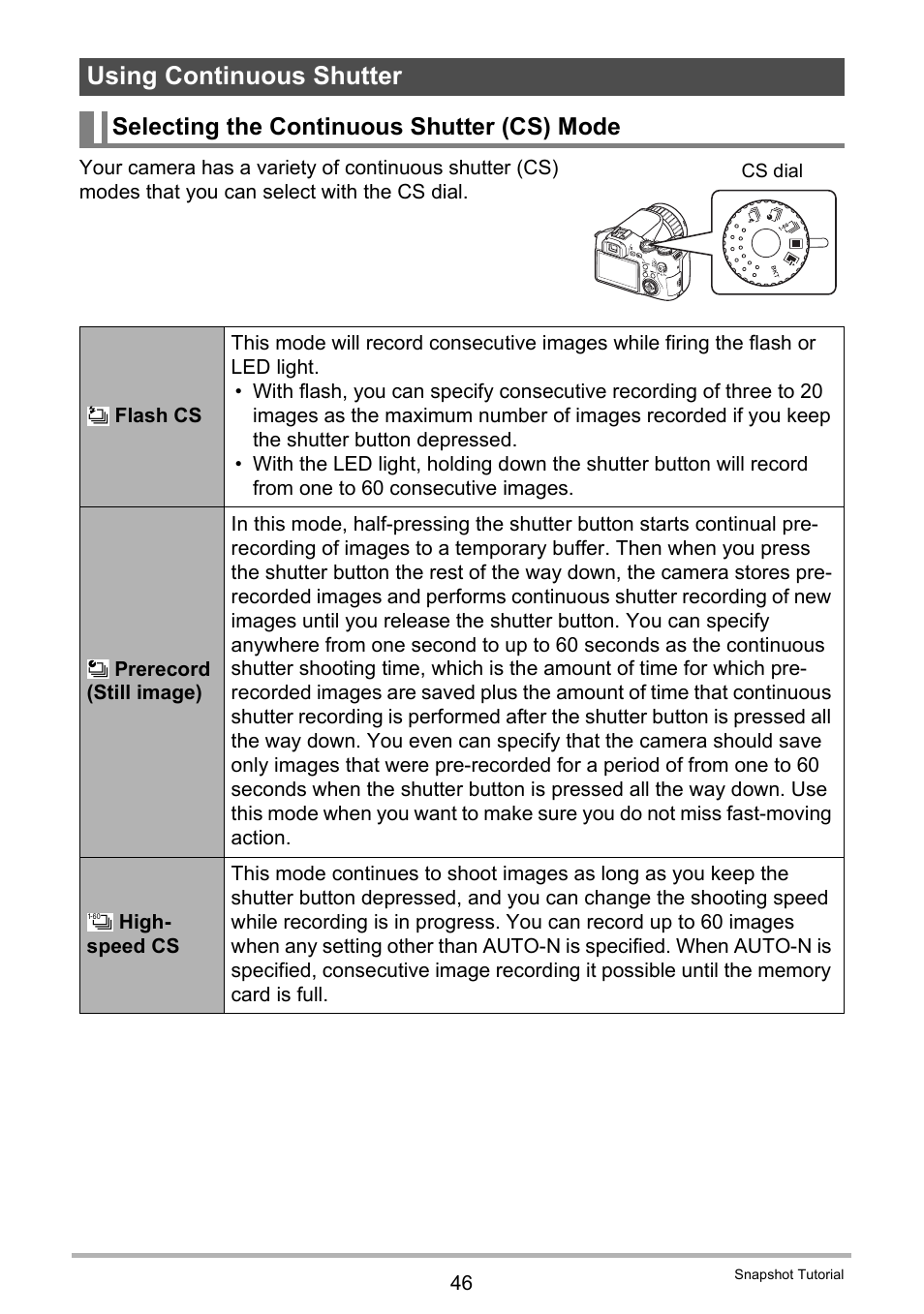 Using continuous shutter, Selecting the continuous shutter (cs) mode | Casio EXILIM EX-F1 User Manual | Page 46 / 185
