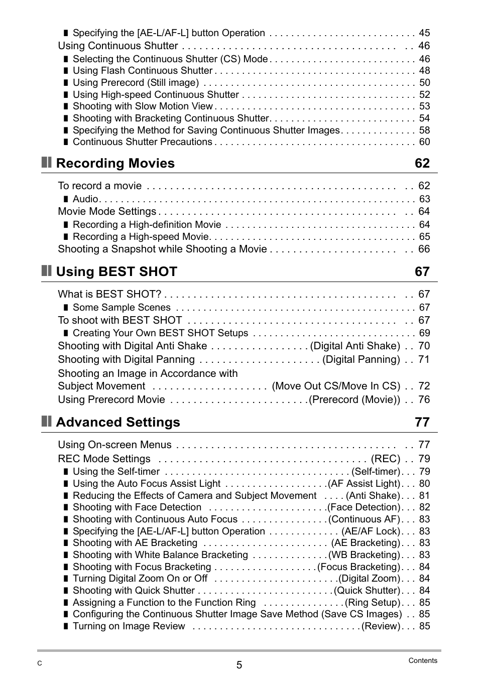 Recording movies 62, Using best shot 67, Advanced settings 77 | Casio EXILIM EX-F1 User Manual | Page 5 / 185