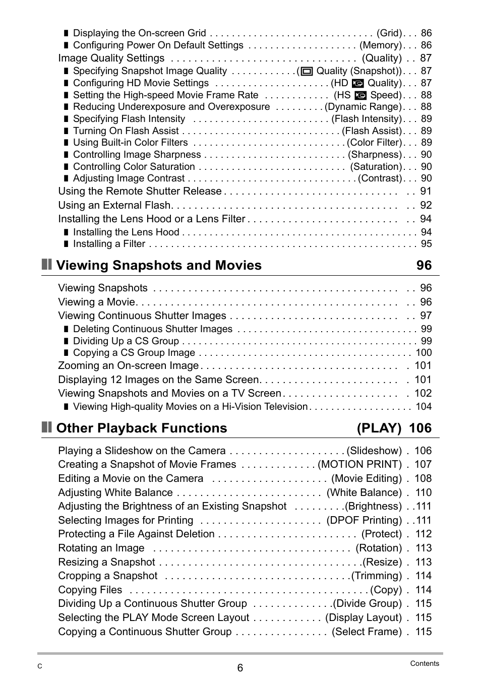 Viewing snapshots and movies 96, Other playback functions (play) 106 | Casio EXILIM EX-F1 User Manual | Page 6 / 185