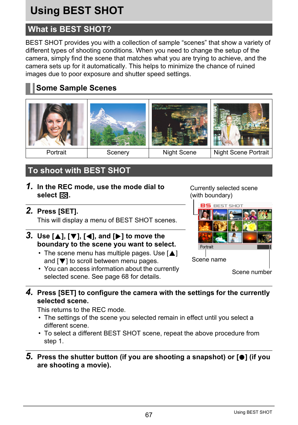 Using best shot, What is best shot, Some sample scenes | To shoot with best shot | Casio EXILIM EX-F1 User Manual | Page 67 / 185