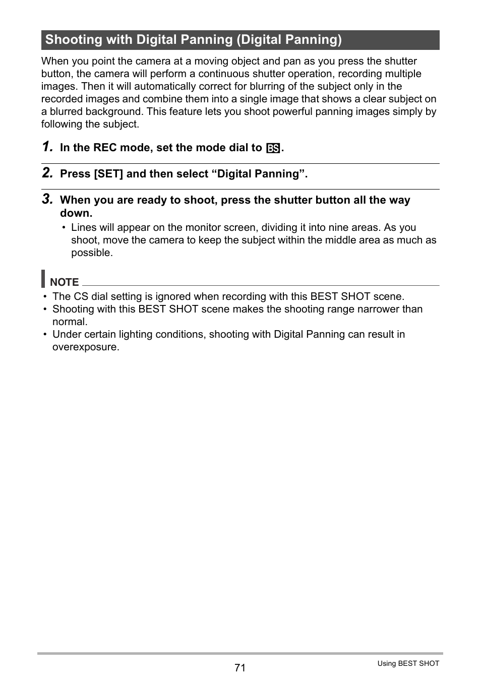 Shooting with digital panning (digital panning) | Casio EXILIM EX-F1 User Manual | Page 71 / 185