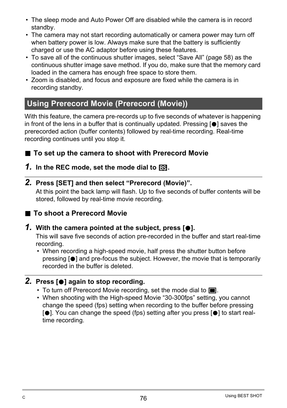 Using prerecord movie (prerecord (movie)) | Casio EXILIM EX-F1 User Manual | Page 76 / 185