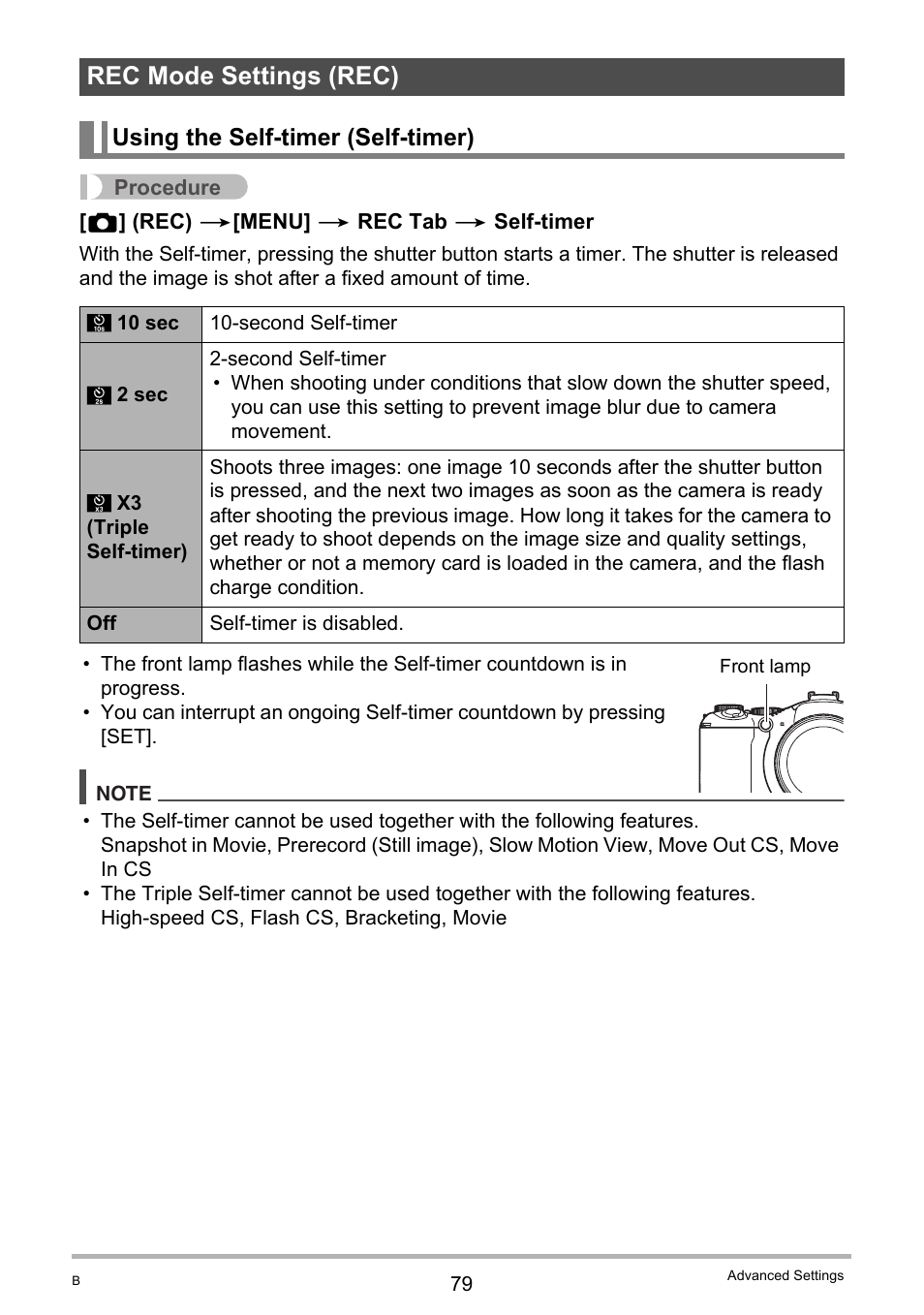 Rec mode settings (rec), Using the self-timer (self-timer) | Casio EXILIM EX-F1 User Manual | Page 79 / 185