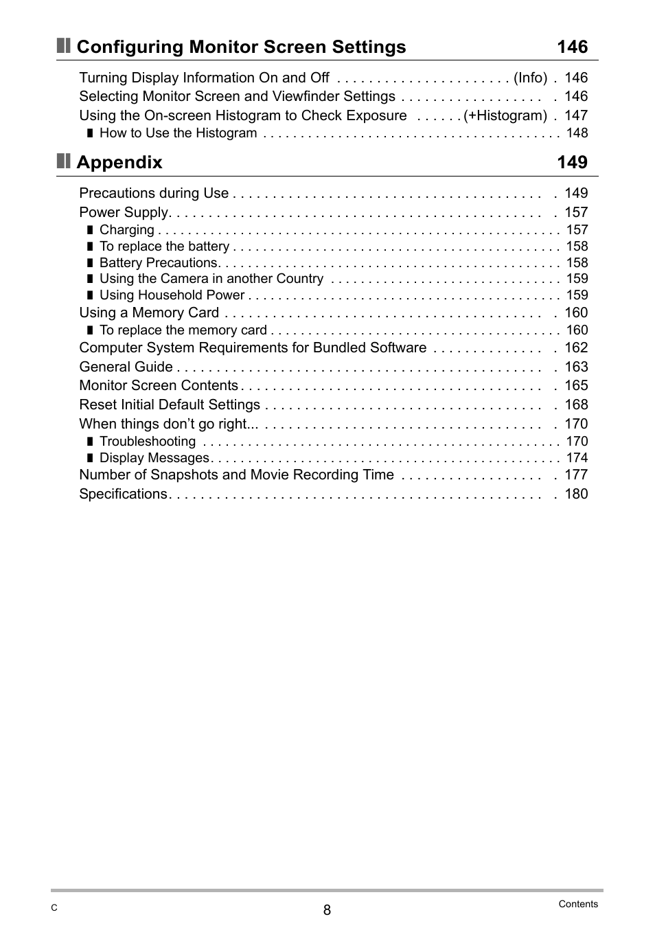 Configuring monitor screen settings 146, Appendix 149 | Casio EXILIM EX-F1 User Manual | Page 8 / 185