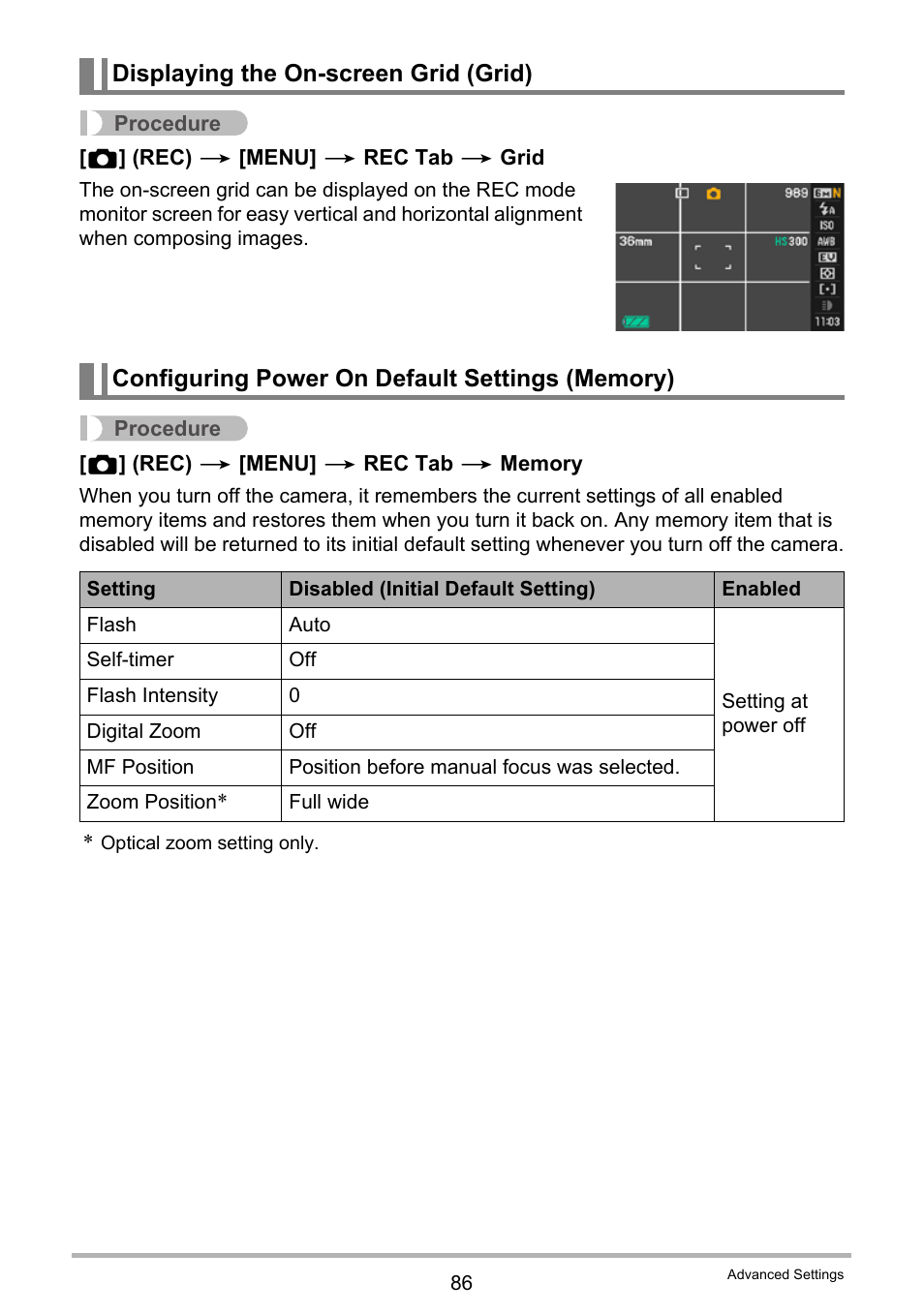 Displaying the on-screen grid (grid), Configuring power on default settings (memory) | Casio EXILIM EX-F1 User Manual | Page 86 / 185