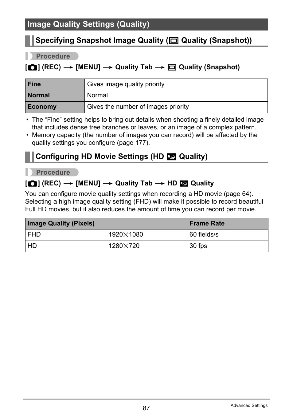 Image quality settings (quality), Configuring hd movie settings (hd _ quality), Configuring hd movie settings (hd » quality) | Casio EXILIM EX-F1 User Manual | Page 87 / 185