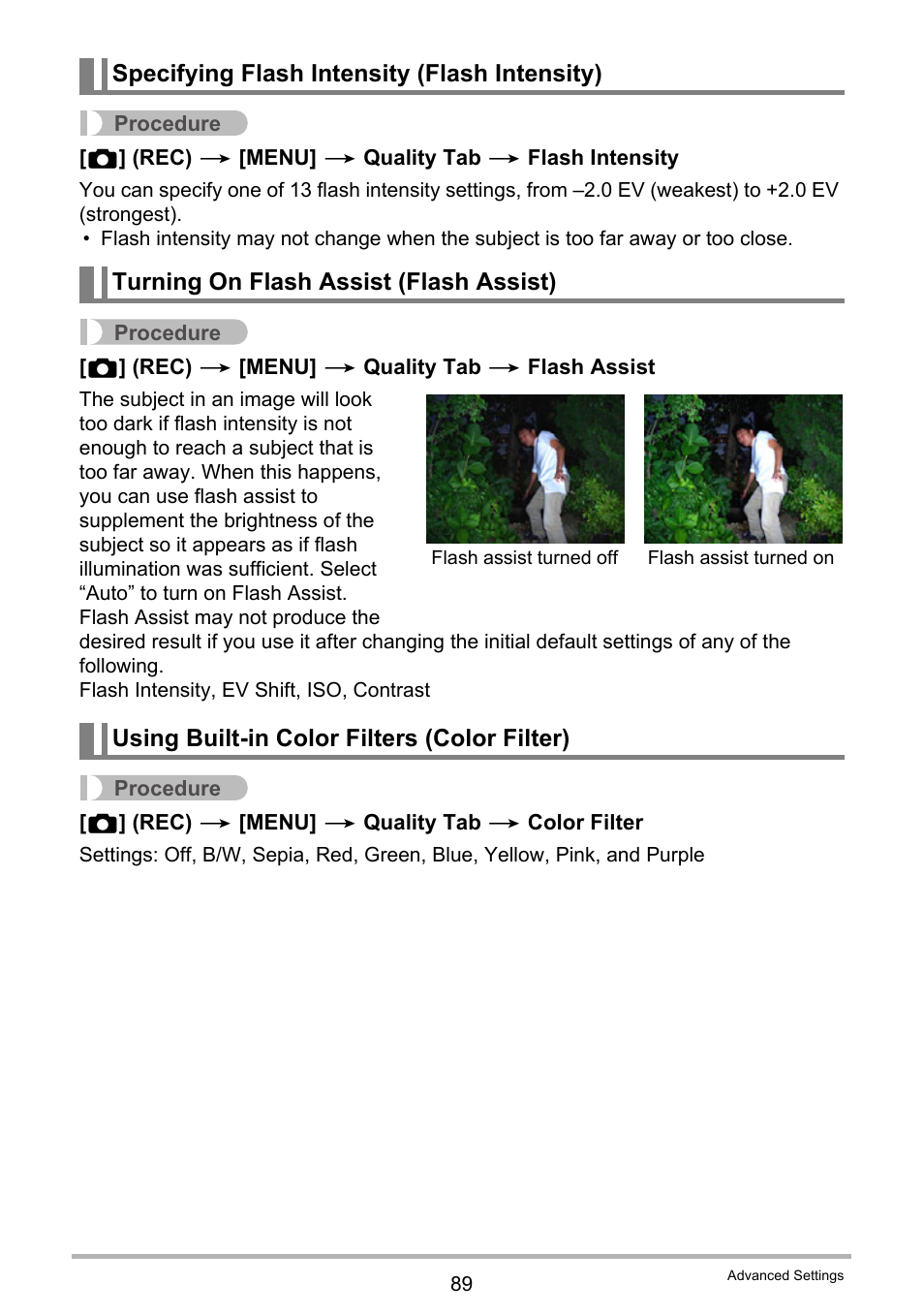 Specifying flash intensity (flash intensity), Turning on flash assist (flash assist), Using built-in color filters (color filter) | Casio EXILIM EX-F1 User Manual | Page 89 / 185