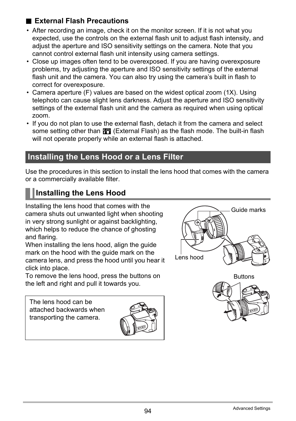 Installing the lens hood or a lens filter, Installing the lens hood | Casio EXILIM EX-F1 User Manual | Page 94 / 185