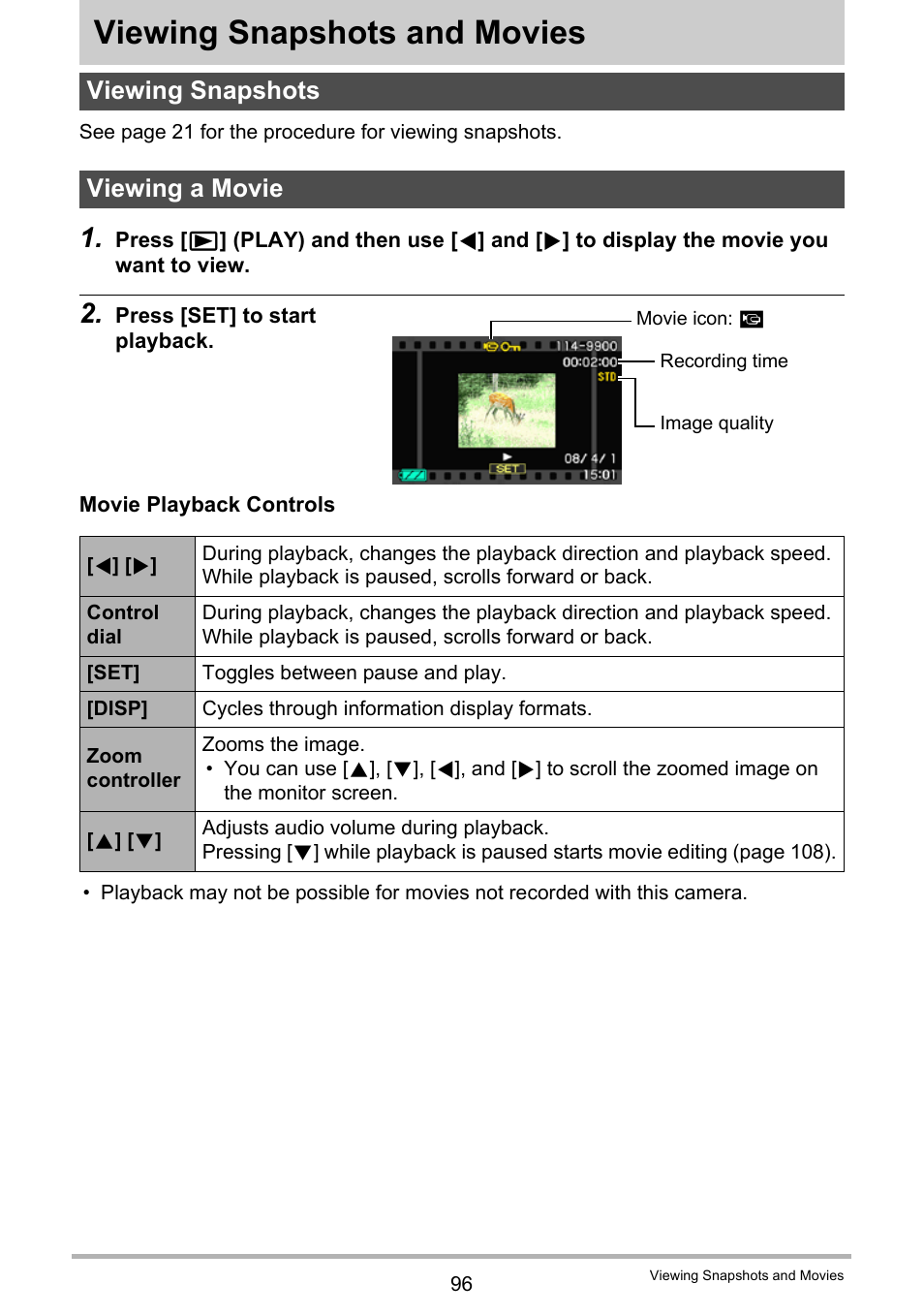 Viewing snapshots and movies, Viewing snapshots, Viewing a movie | Viewing snapshots viewing a movie, Age 96 | Casio EXILIM EX-F1 User Manual | Page 96 / 185