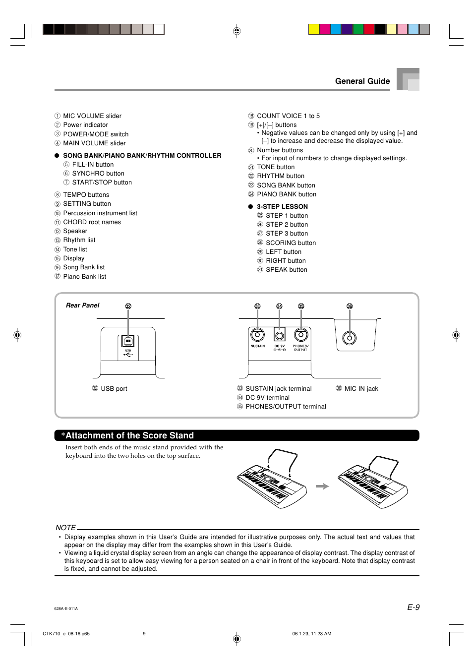 Attachment of the score stand, E-9 general guide | Casio CTK710 User Manual | Page 11 / 48