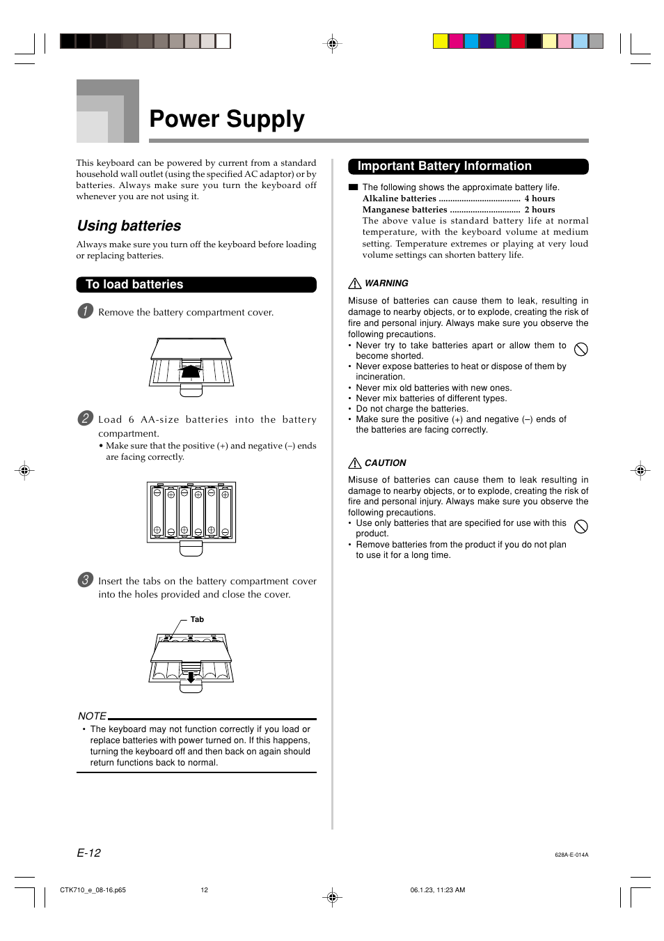 Power supply, Using batteries | Casio CTK710 User Manual | Page 14 / 48