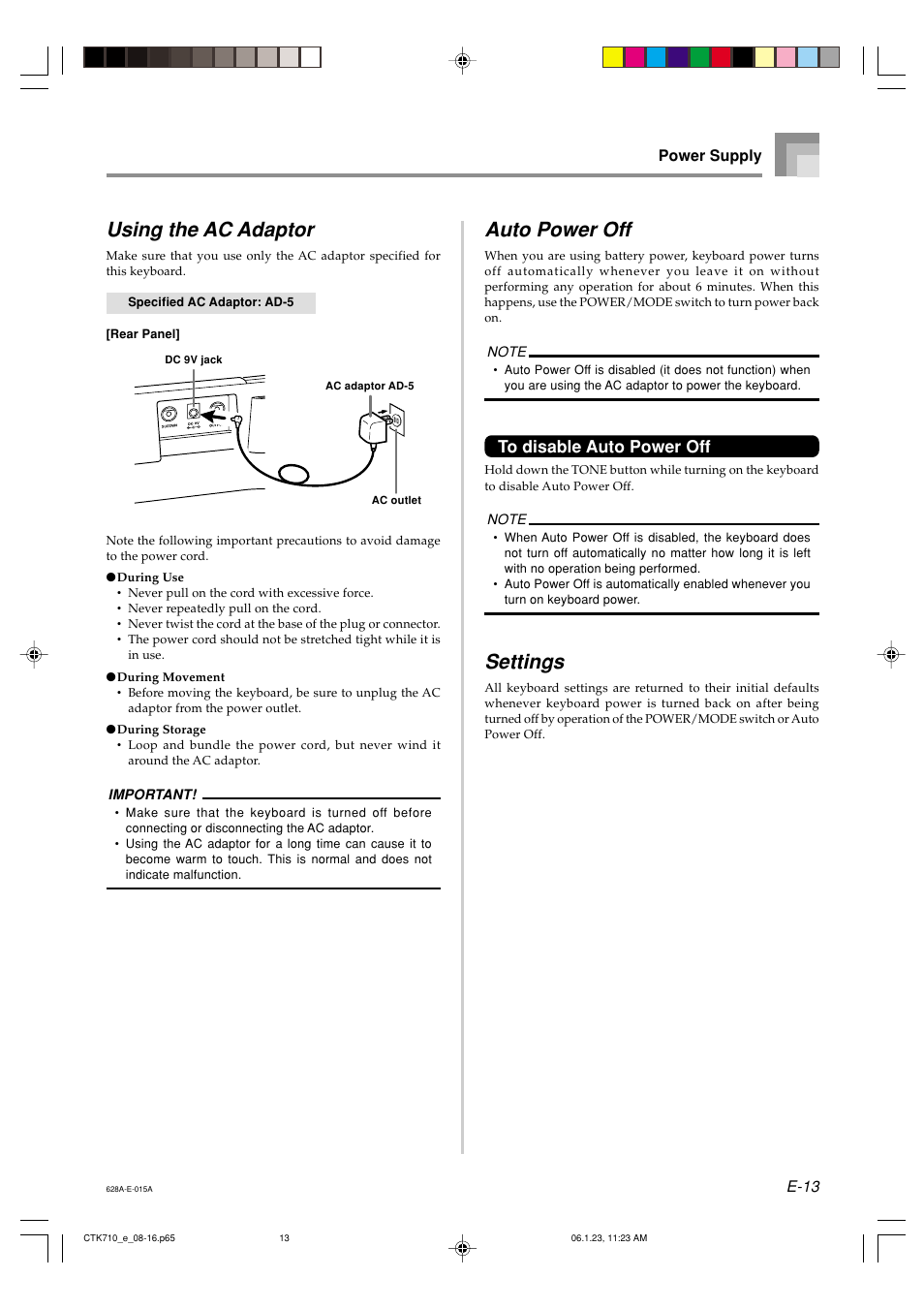 Using the ac adaptor, Auto power off, Settings | Casio CTK710 User Manual | Page 15 / 48