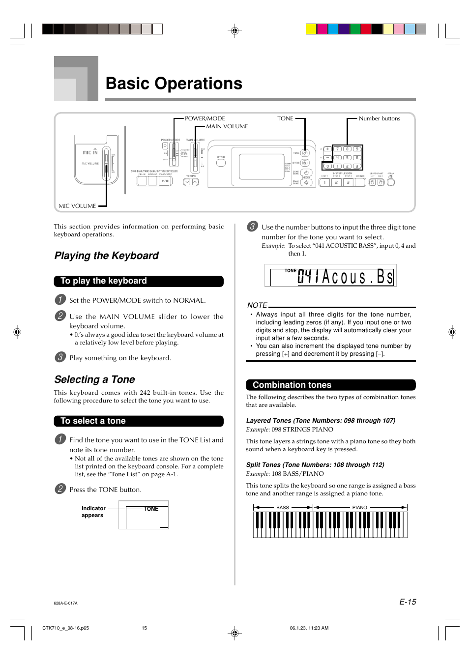 Basic operations, Playing the keyboard, Selecting a tone | Casio CTK710 User Manual | Page 17 / 48