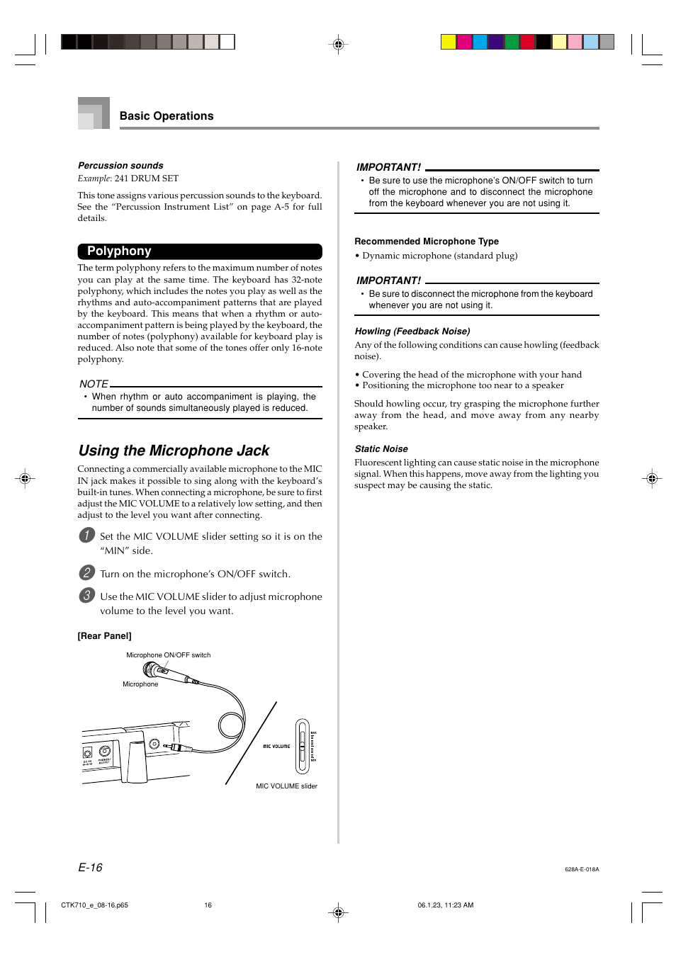 Using the microphone jack, Polyphony | Casio CTK710 User Manual | Page 18 / 48