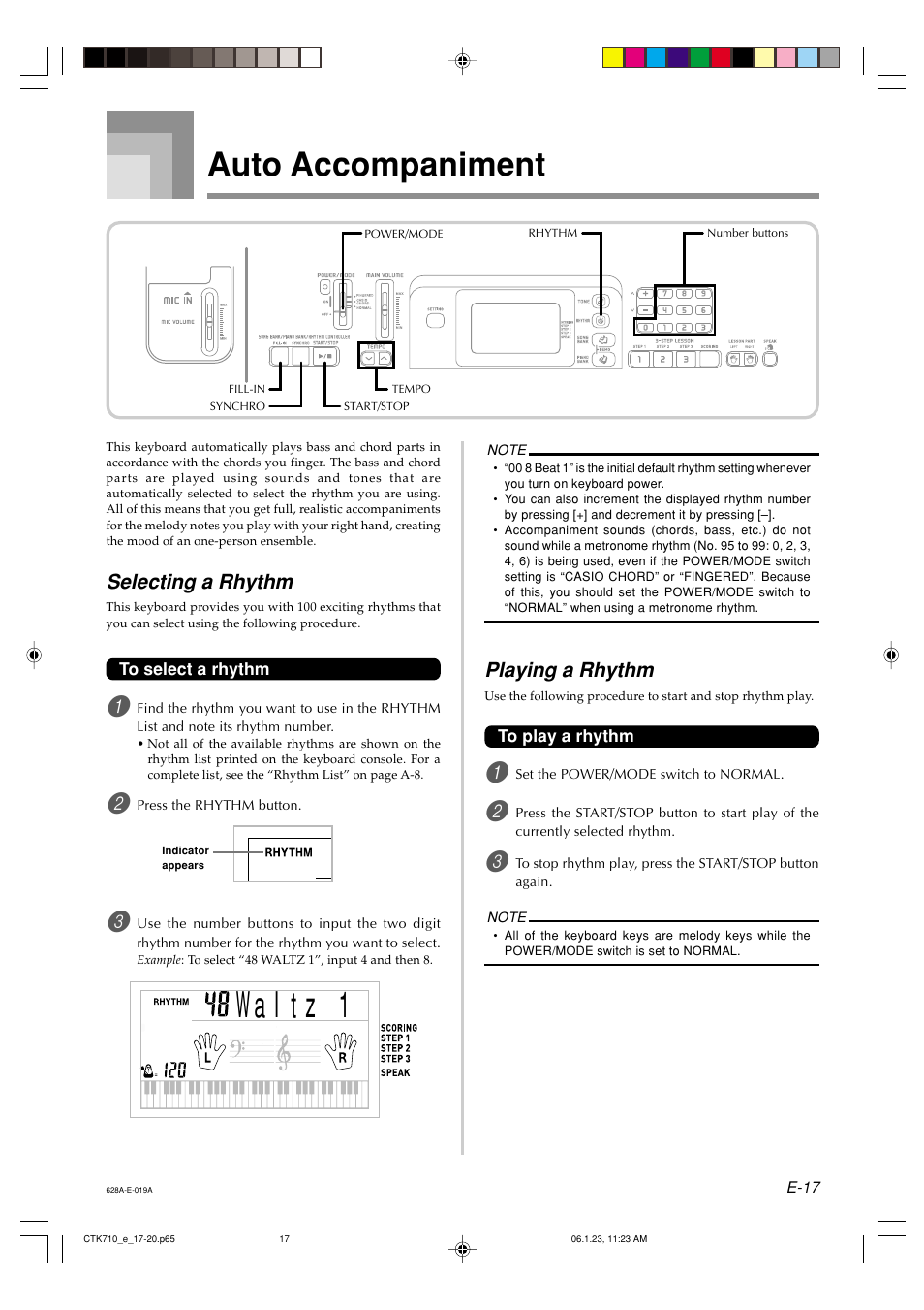 Auto accompaniment, Selecting a rhythm, Playing a rhythm | Casio CTK710 User Manual | Page 19 / 48