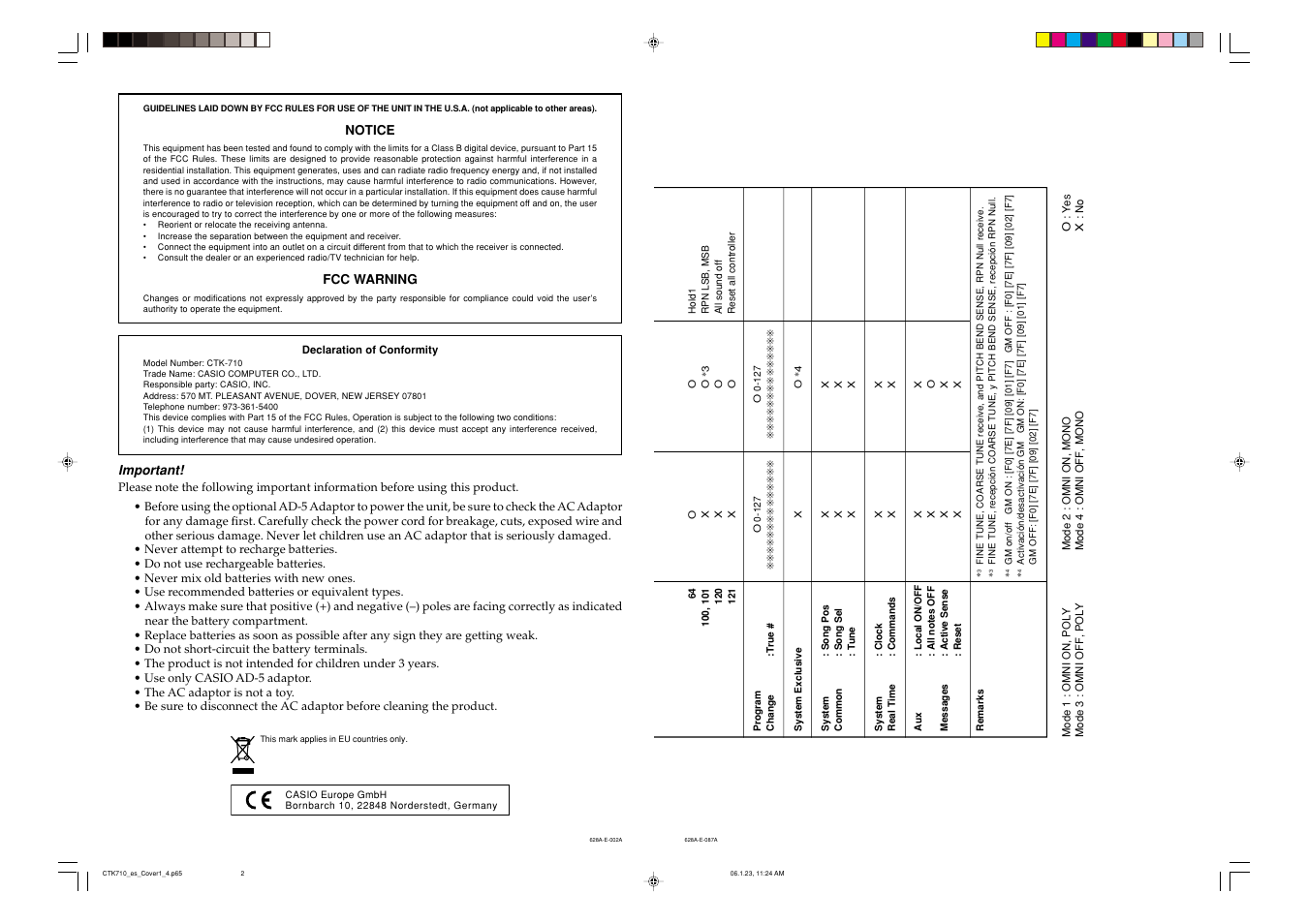 Notice, Fcc warning, Important | Casio CTK710 User Manual | Page 2 / 48