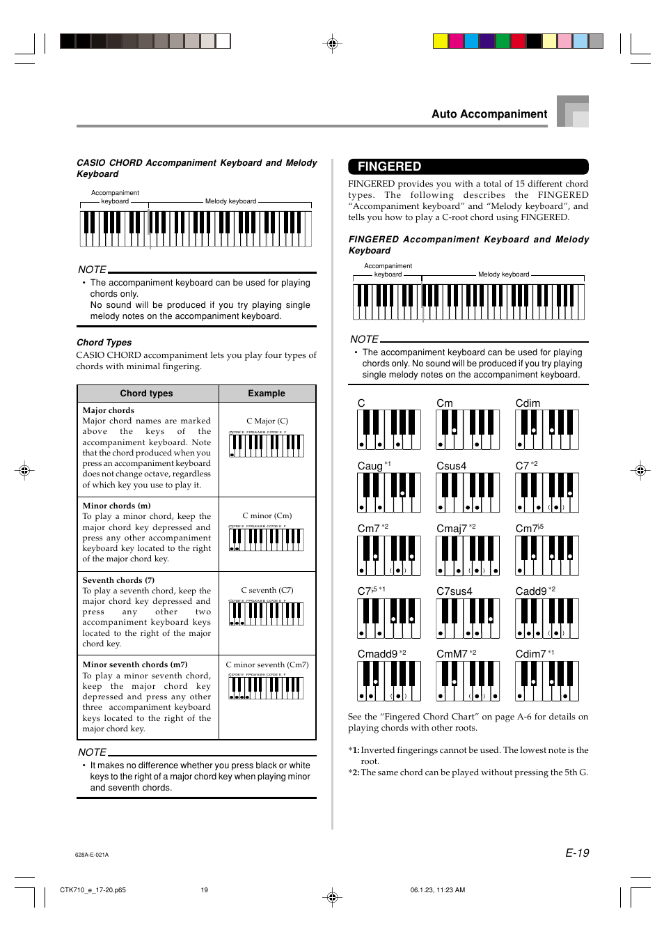 Fingered, E-19, Auto accompaniment | Ccaug, Cmadd9, Cm csus4 cmaj7, C7sus4 cmm7, Cdim c7, Cadd9, Cdim7 | Casio CTK710 User Manual | Page 21 / 48