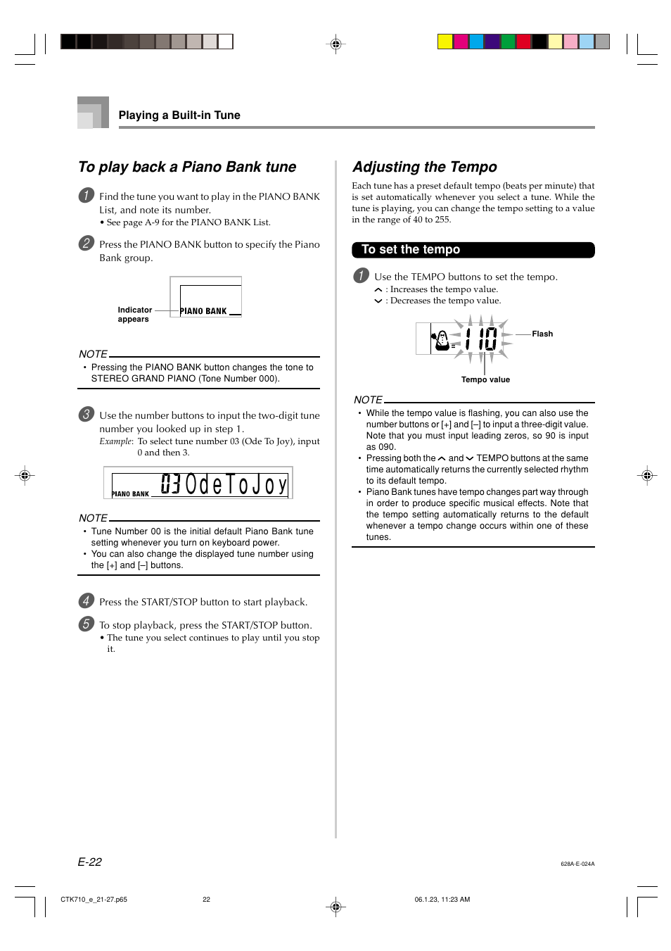 Adjusting the tempo | Casio CTK710 User Manual | Page 24 / 48