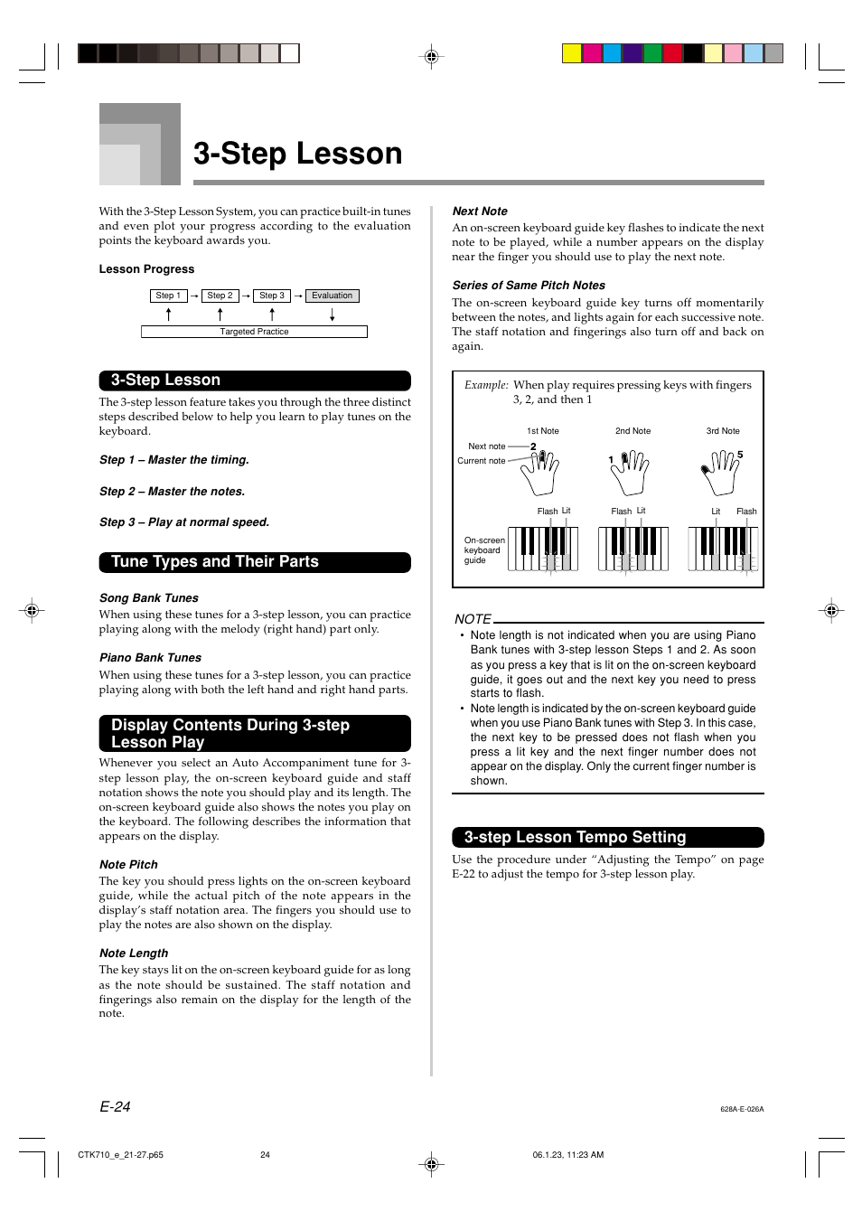 Step lesson, Tune types and their parts, Display contents during 3-step lesson play | Step lesson tempo setting, E-24 | Casio CTK710 User Manual | Page 26 / 48