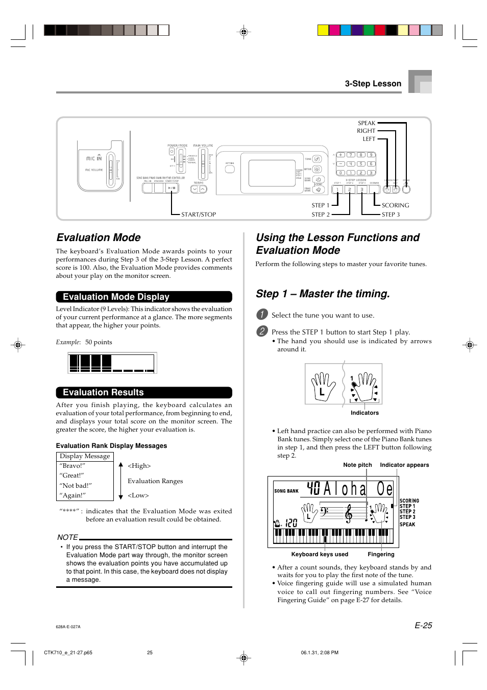 Using the lesson functions and evaluation mode, Step 1 – master the timing, Evaluation mode | Evaluation mode display, Evaluation results | Casio CTK710 User Manual | Page 27 / 48