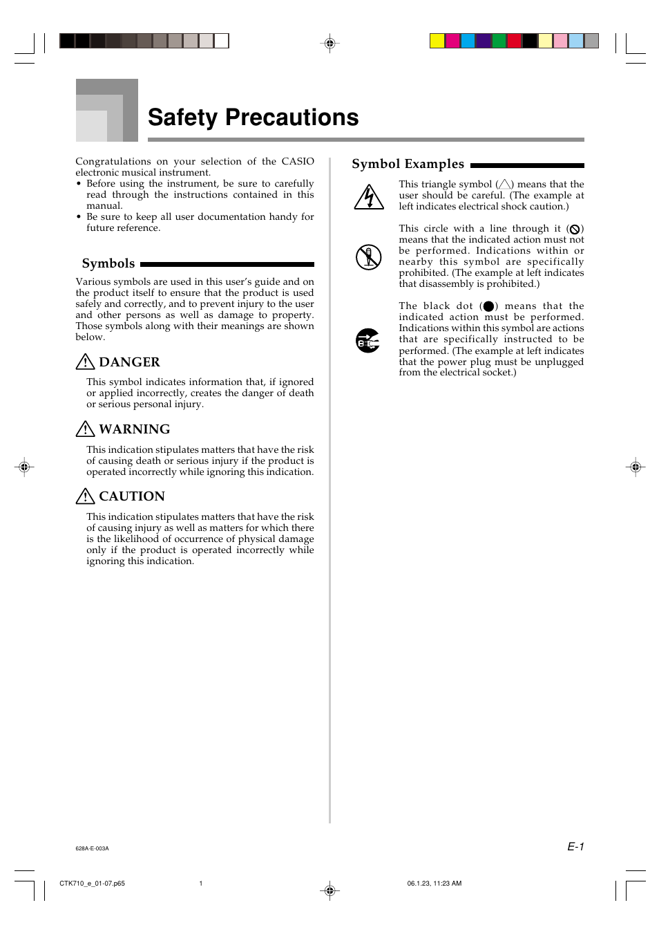 Safety precautions, Symbols, Danger | Warning, Caution, Symbol examples | Casio CTK710 User Manual | Page 3 / 48