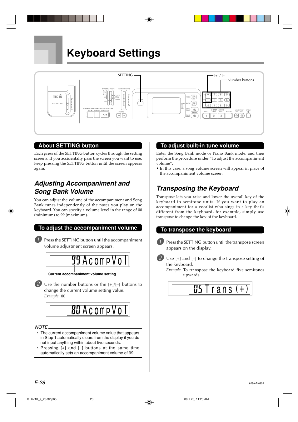 A c o m, V o l, Keyboard settings | Casio CTK710 User Manual | Page 30 / 48