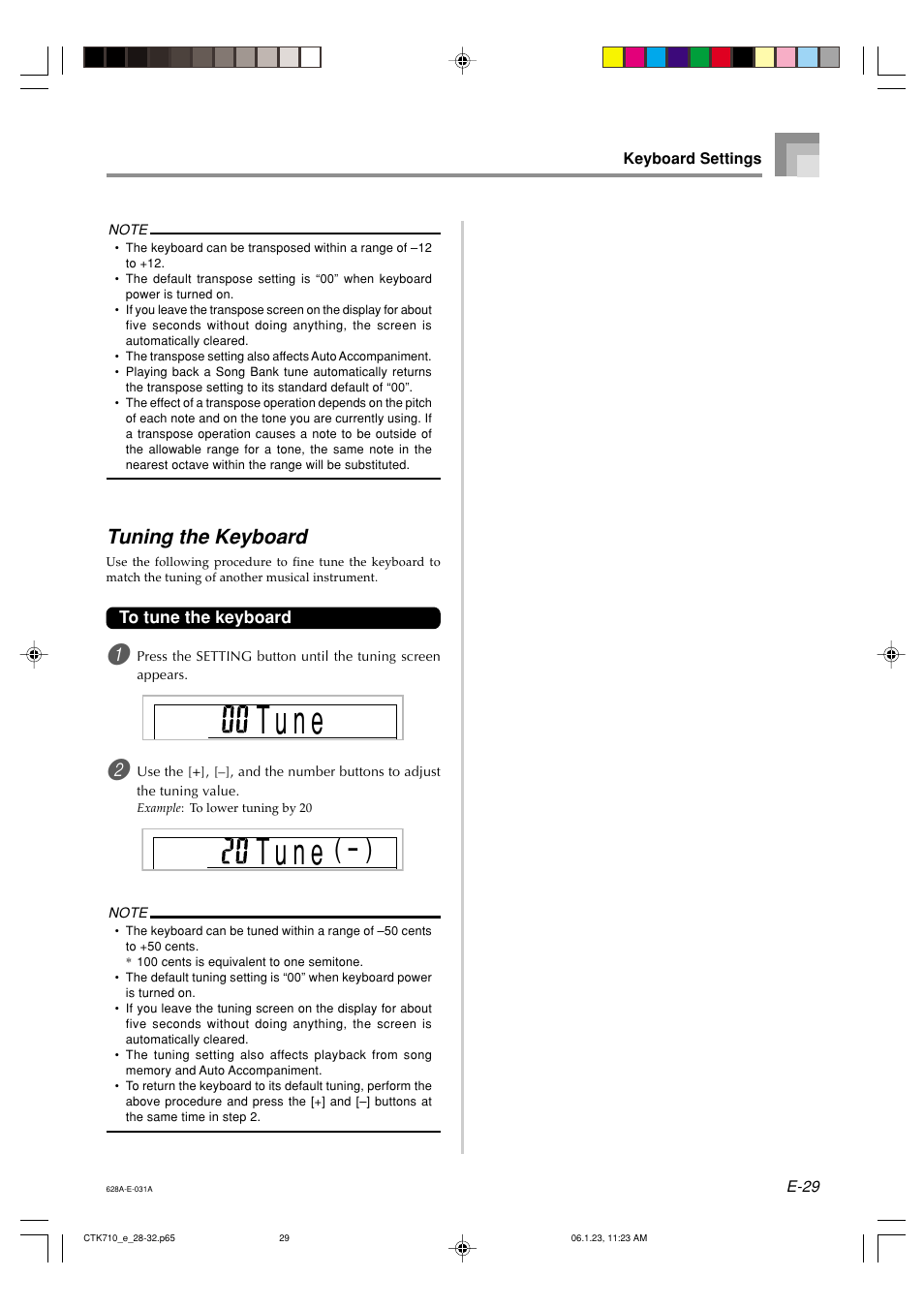 T u n e, Tuning the keyboard | Casio CTK710 User Manual | Page 31 / 48