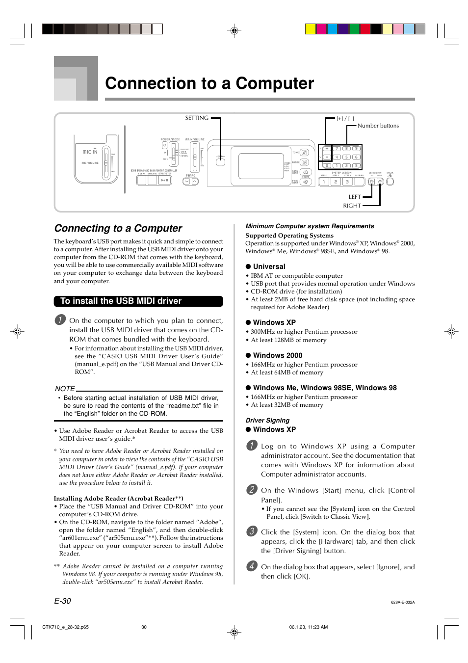 Connection to a computer, Connecting to a computer | Casio CTK710 User Manual | Page 32 / 48