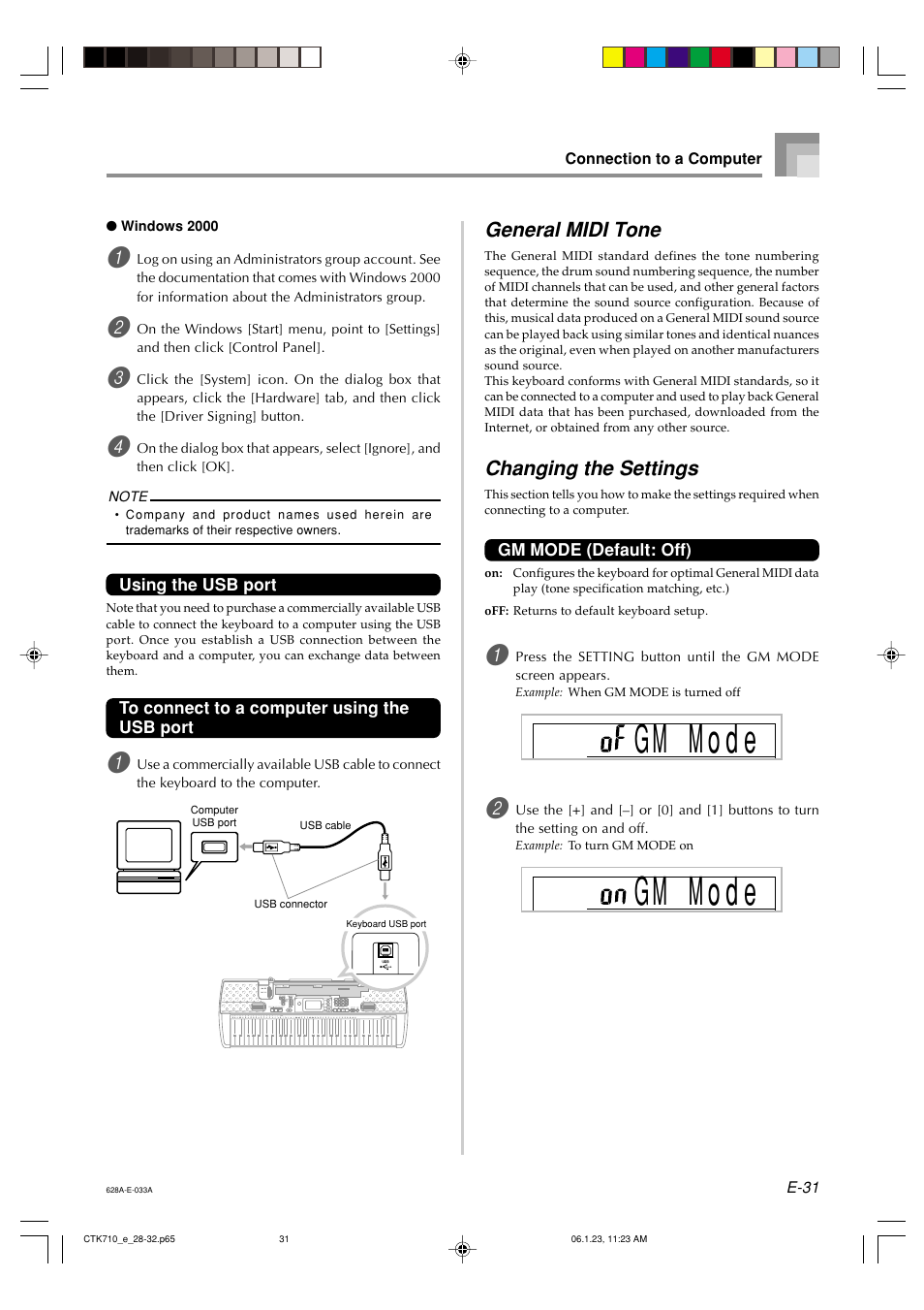 General midi tone, Changing the settings | Casio CTK710 User Manual | Page 33 / 48