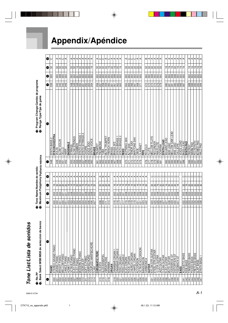 Appendix/apéndice, Tone list/lista de sonidos | Casio CTK710 User Manual | Page 37 / 48
