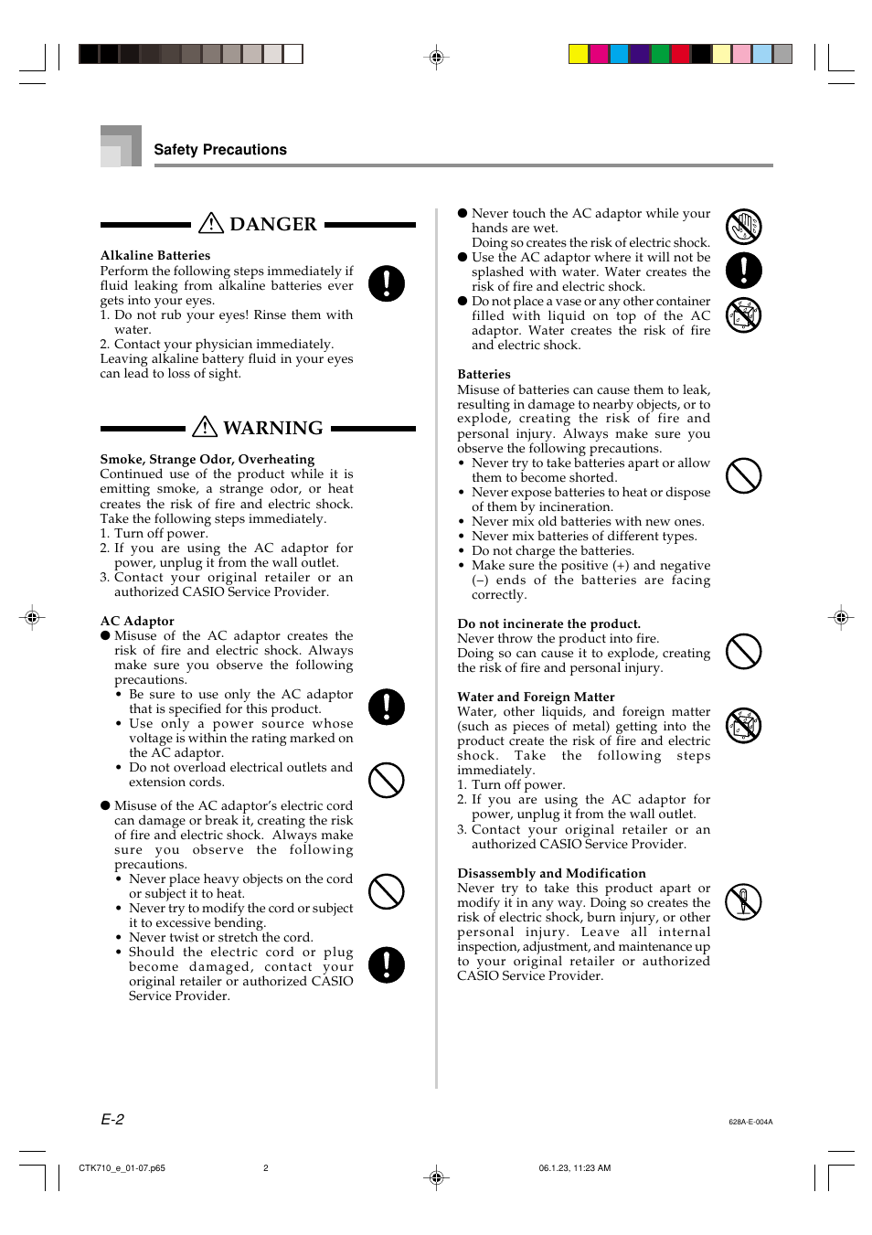 Danger, Warning | Casio CTK710 User Manual | Page 4 / 48