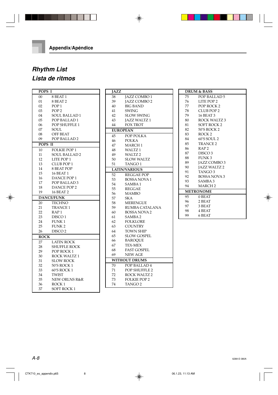 Rhythm list lista de ritmos, A-8 appendix/apéndice | Casio CTK710 User Manual | Page 44 / 48