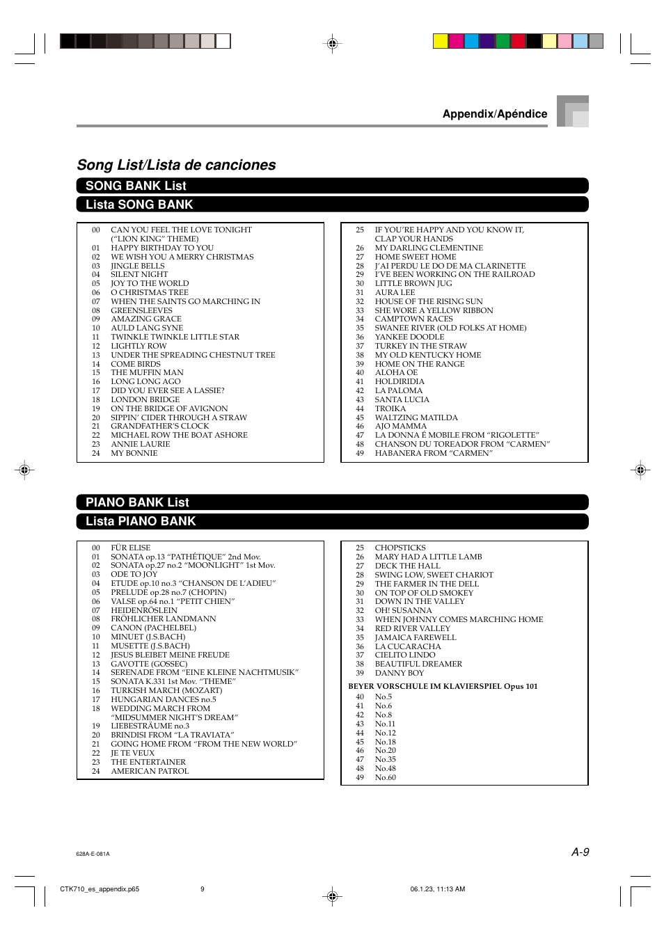 Song list/lista de canciones, Song bank list lista song bank, Piano bank list lista piano bank | Appendix/apéndice | Casio CTK710 User Manual | Page 45 / 48