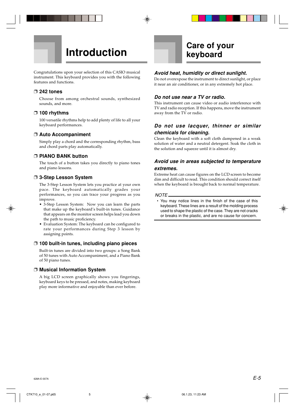 Introduction, Care of your keyboard | Casio CTK710 User Manual | Page 7 / 48