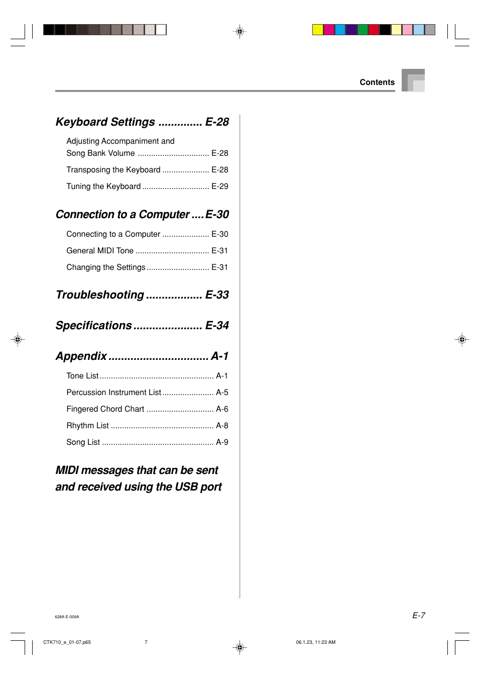 Keyboard settings .............. e-28, Connection to a computer .... e-30 | Casio CTK710 User Manual | Page 9 / 48