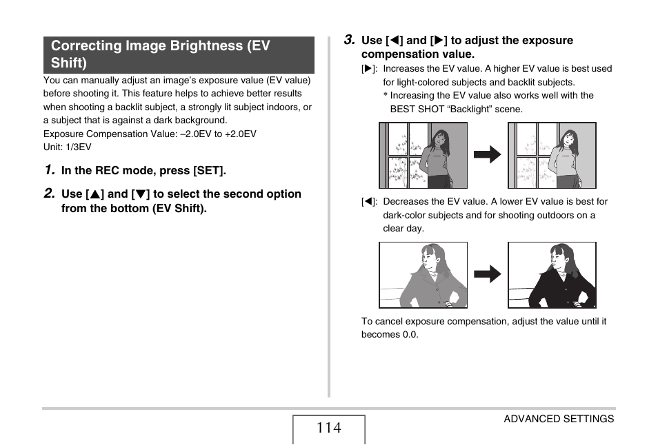 Correcting image brightness (ev shift), E 114) | Casio EXILIM EX-Z1050 User Manual | Page 114 / 252