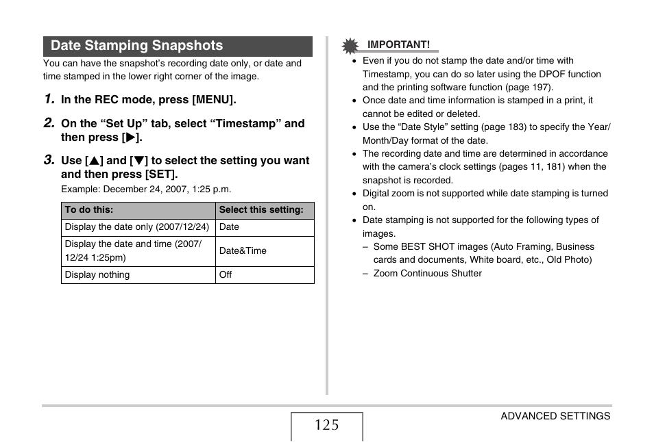 Date stamping snapshots | Casio EXILIM EX-Z1050 User Manual | Page 125 / 252