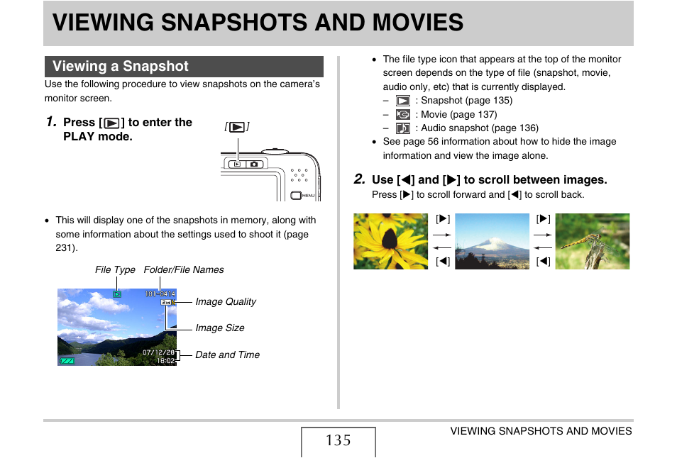 Viewing snapshots and movies, Viewing a snapshot | Casio EXILIM EX-Z1050 User Manual | Page 135 / 252