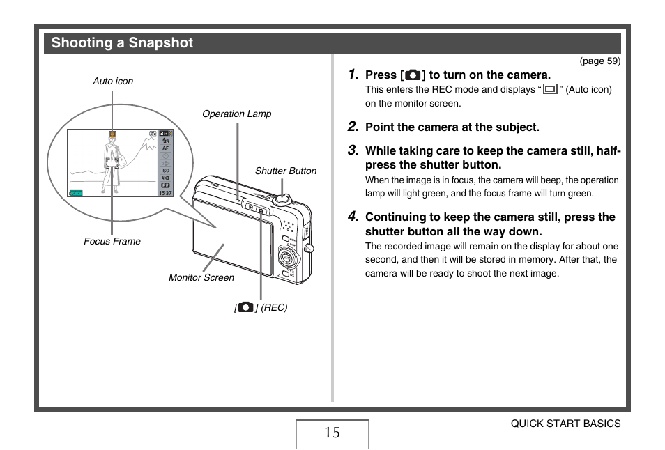 Shooting a snapshot, Shooting a, Snapshot” on | E 15 | Casio EXILIM EX-Z1050 User Manual | Page 15 / 252